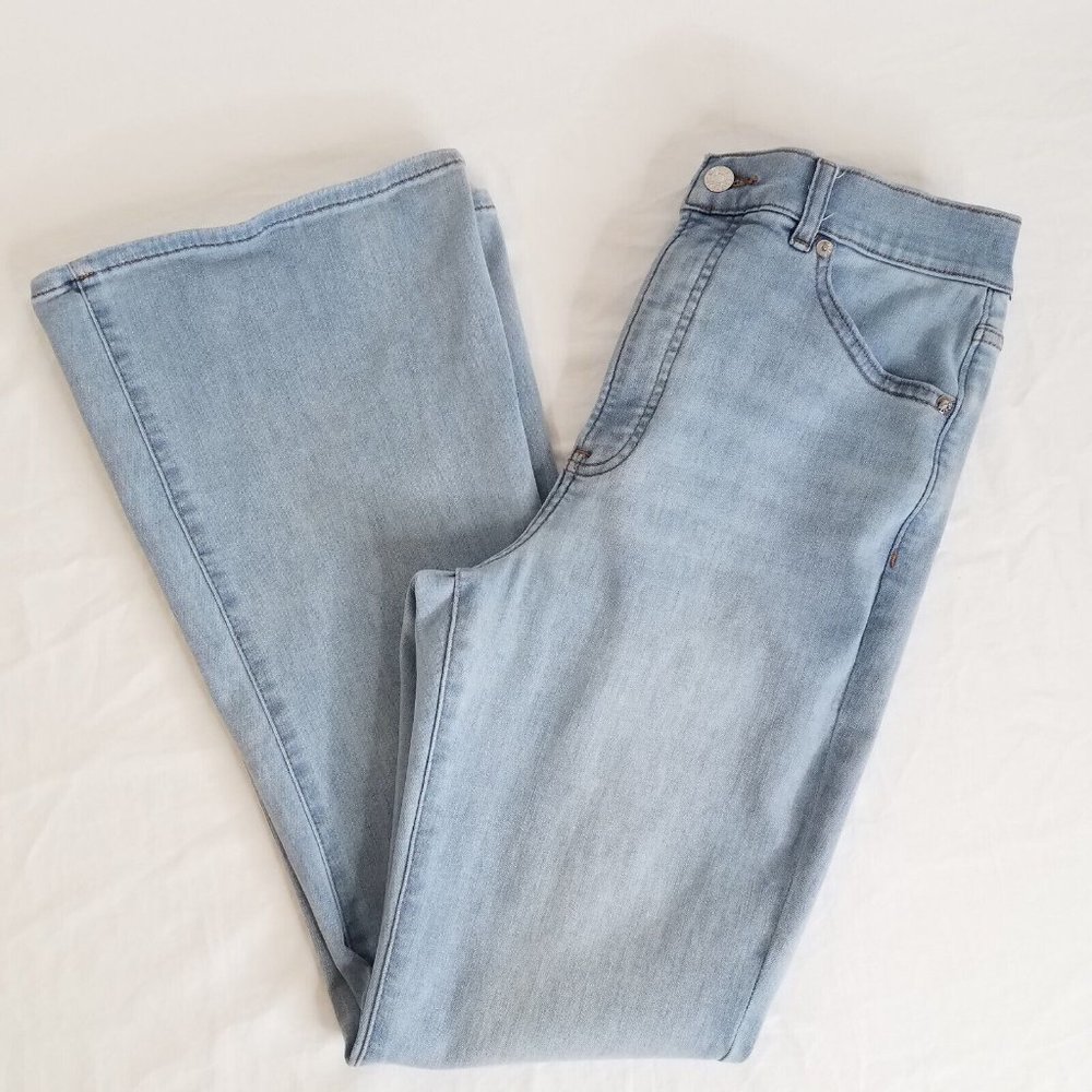 Express Flare Jeans Light Wash Womens  SIZE 8 SHORT Stretch 28x28.5 High Rise